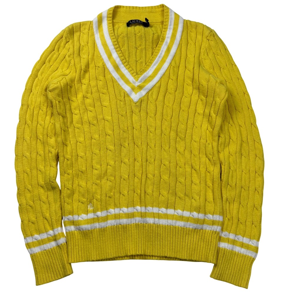 Lauren Ralph Lauren Yellow Cable Knit Cricket Tennis Sweater V-Neck Cotton M